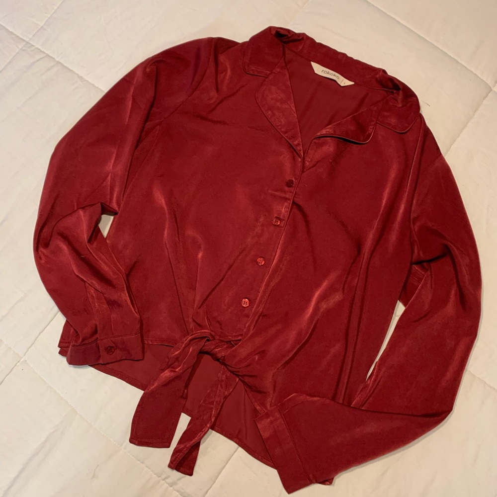 Silky Maroon Tie Front Blouse